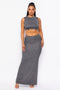 2 Pc. Sleeveless Crop Top W/ Knot In The Front & Maxi Skirt - Charcoal Grey